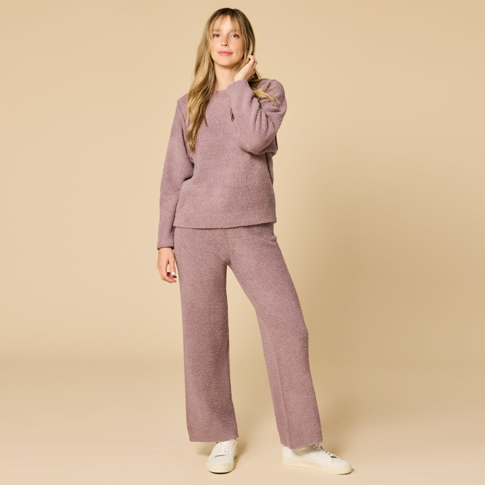 Solid Marshmallow Reverse Seam Crew Neck Lounge Set with Bracelet Sleeve Driftwood
