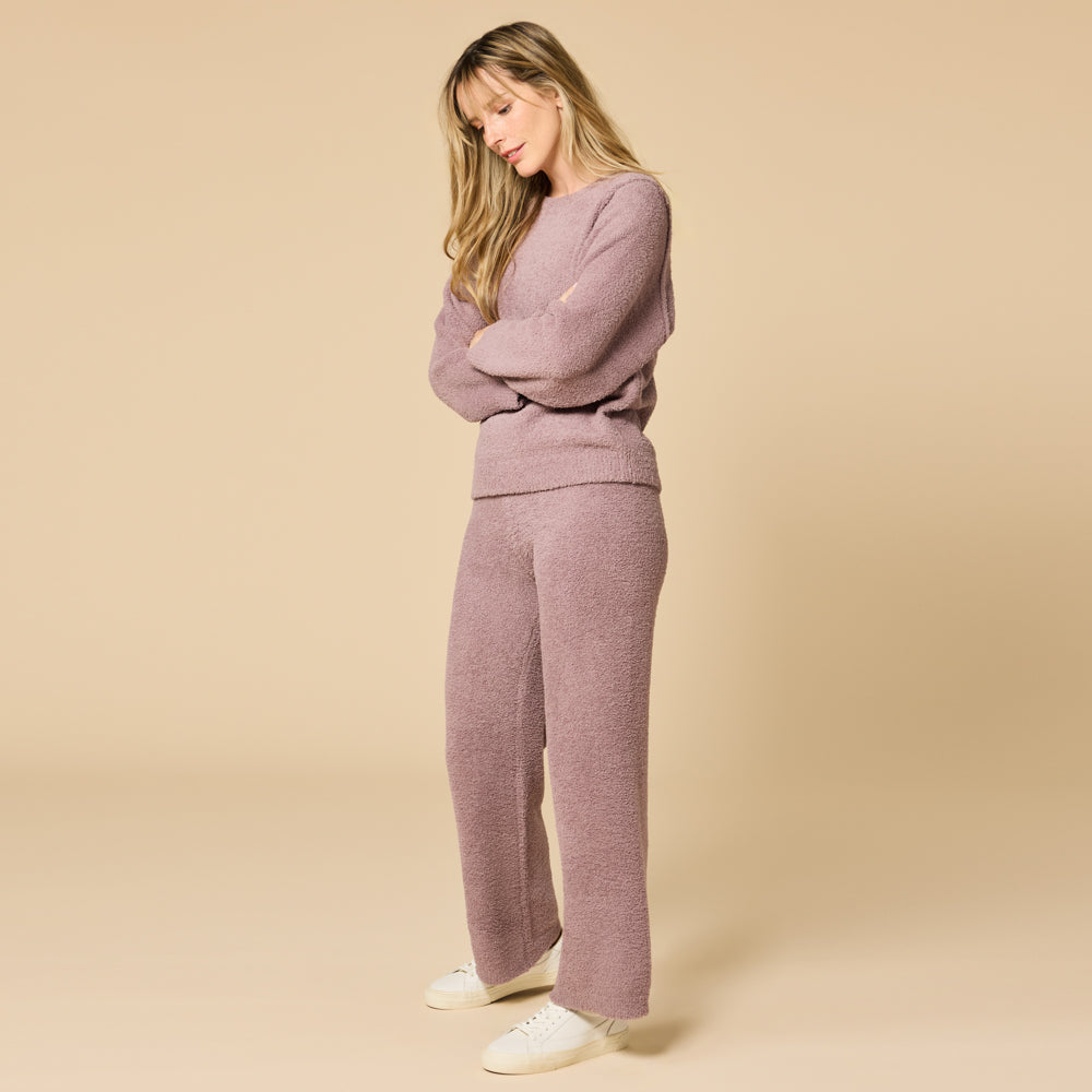 Solid Marshmallow Reverse Seam Crew Neck Lounge Set with Bracelet Sleeve Driftwood