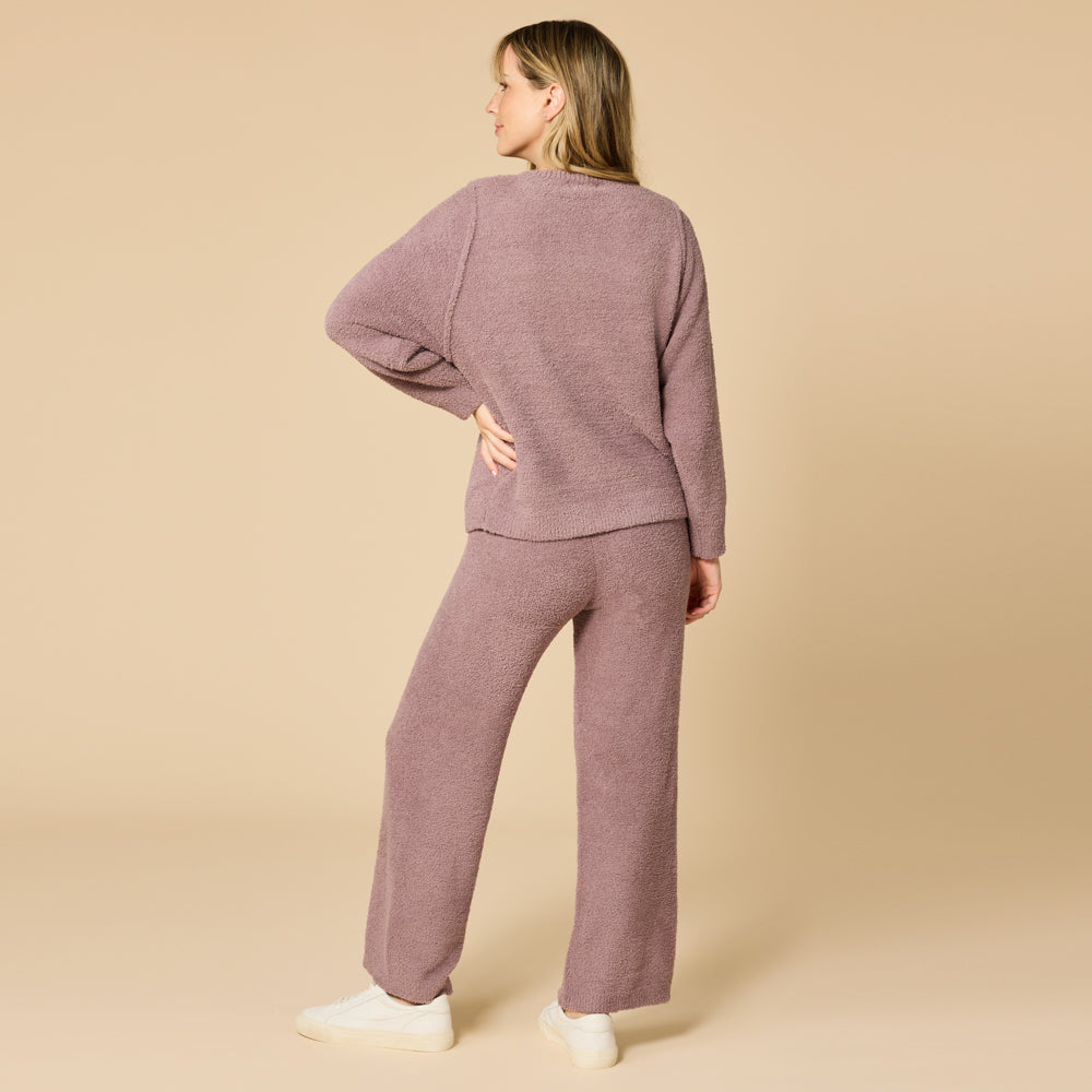Solid Marshmallow Reverse Seam Crew Neck Lounge Set with Bracelet Sleeve Driftwood