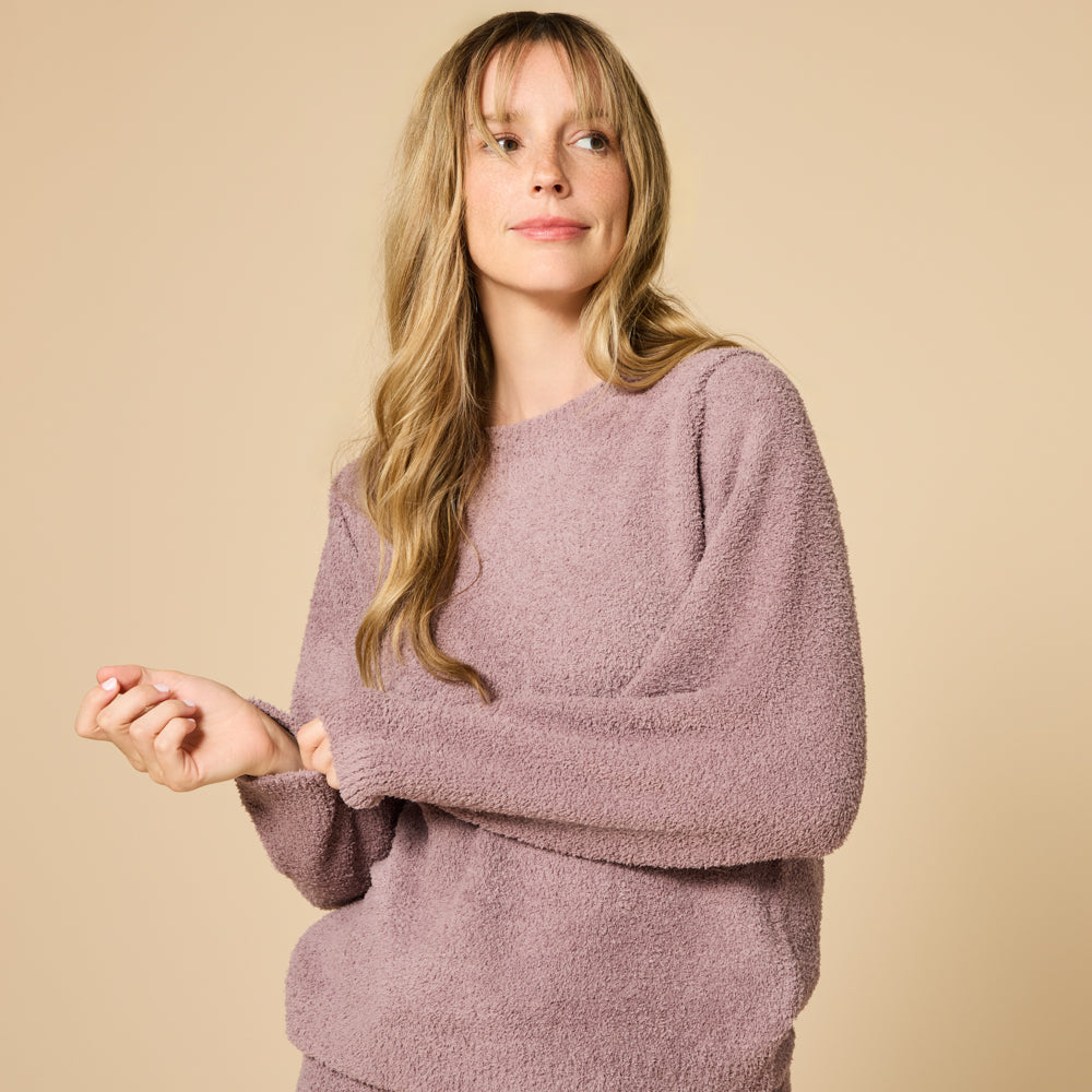 Solid Marshmallow Reverse Seam Crew Neck Lounge Set with Bracelet Sleeve Driftwood