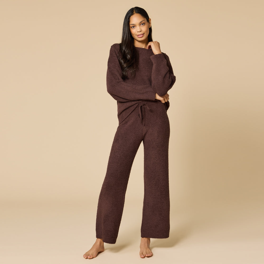 Solid Marshmallow Reverse Seam Crew Neck Lounge Set with Bracelet Sleeve Espresso