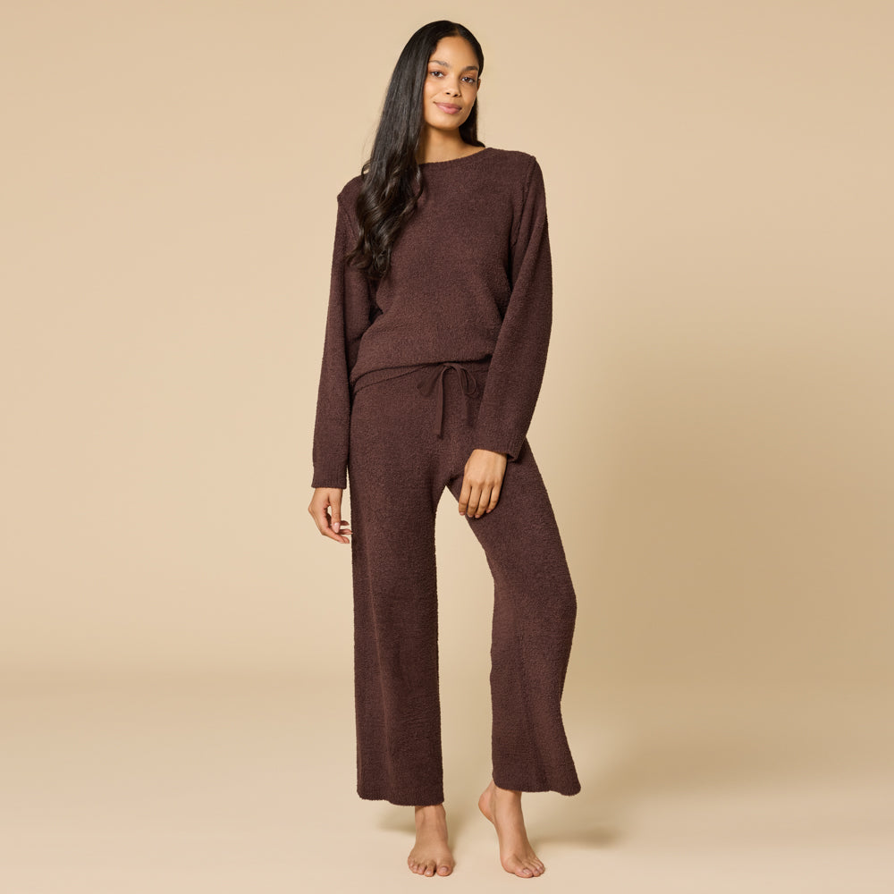 Solid Marshmallow Reverse Seam Crew Neck Lounge Set with Bracelet Sleeve Espresso