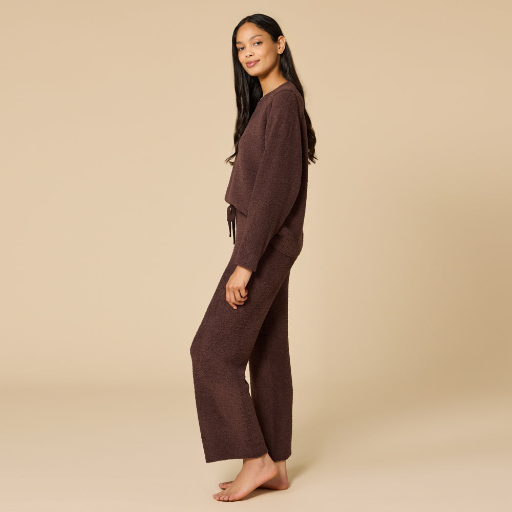 Solid Marshmallow Reverse Seam Crew Neck Lounge Set with Bracelet Sleeve Espresso