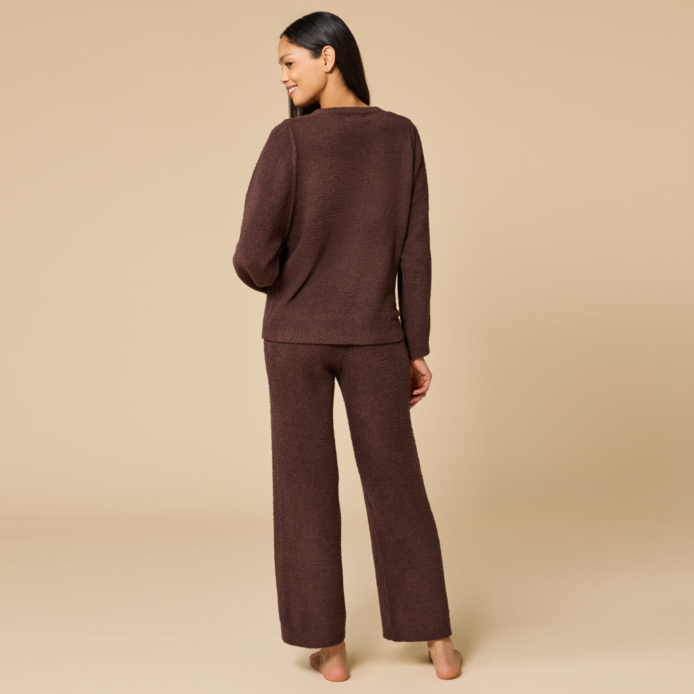Solid Marshmallow Reverse Seam Crew Neck Lounge Set with Bracelet Sleeve Espresso
