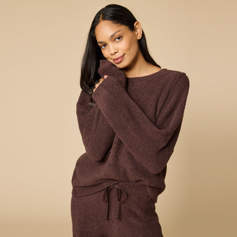 Solid Marshmallow Reverse Seam Crew Neck Lounge Set with Bracelet Sleeve Espresso