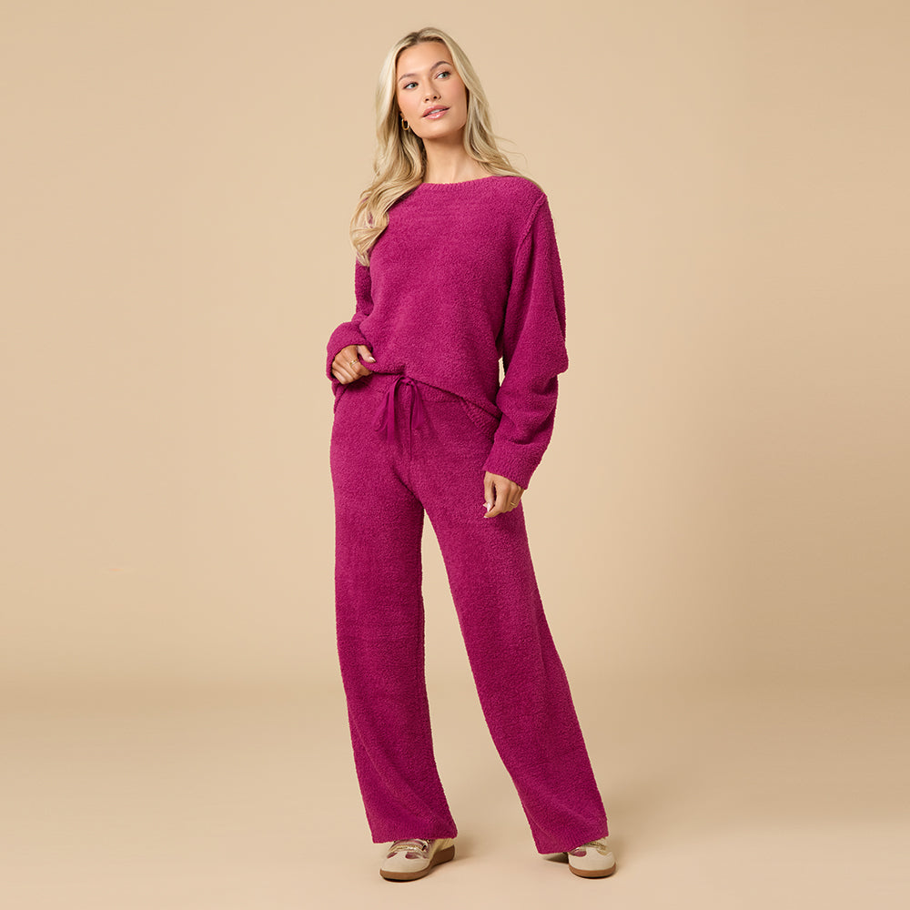 Solid Marshmallow Reverse Seam Crew Neck Lounge Set with Bracelet Sleeve in Magenta