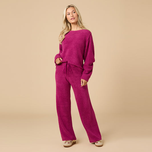 Solid Marshmallow Reverse Seam Crew Neck Lounge Set with Bracelet Sleeve in Magenta