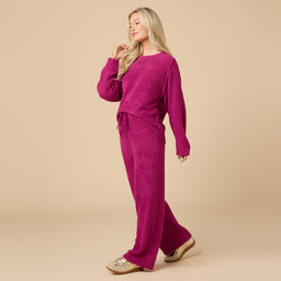 Solid Marshmallow Reverse Seam Crew Neck Lounge Set with Bracelet Sleeve Solid Marshmallow Reverse Seam Crew Neck Lounge Set with Bracelet Sleeve in Magenta