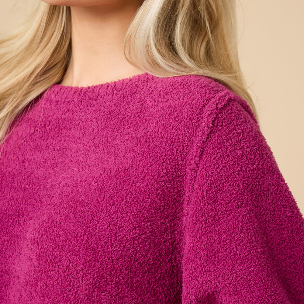Solid Marshmallow Reverse Seam Crew Neck Lounge Set with Bracelet Sleeve in Magenta
