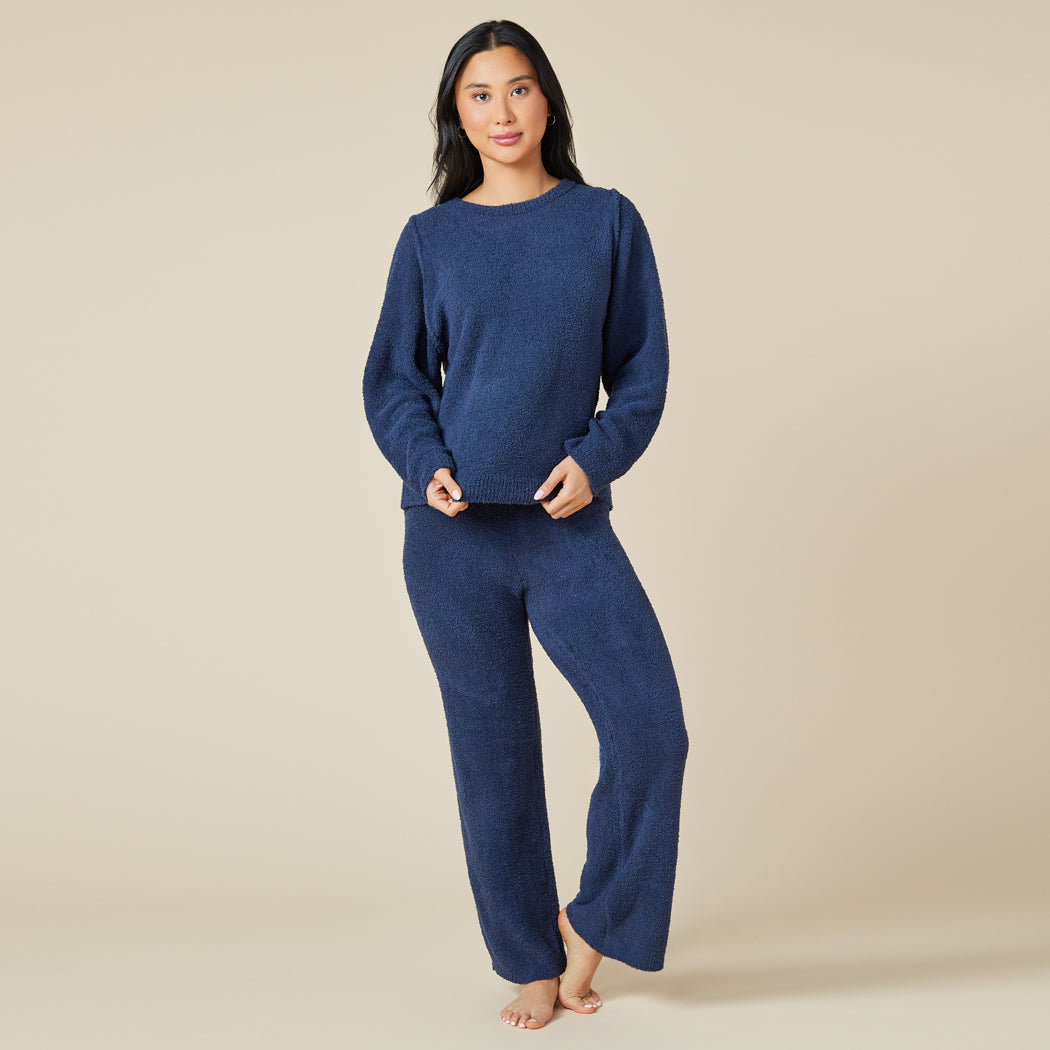 Solid Marshmallow Reverse Seam Crew Neck Lounge Set with Bracelet Sleeve Midnight