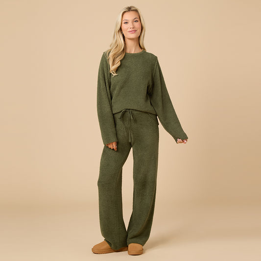 Solid Marshmallow Reverse Seam Crew Neck Lounge Set with Bracelet Sleeve in Olive