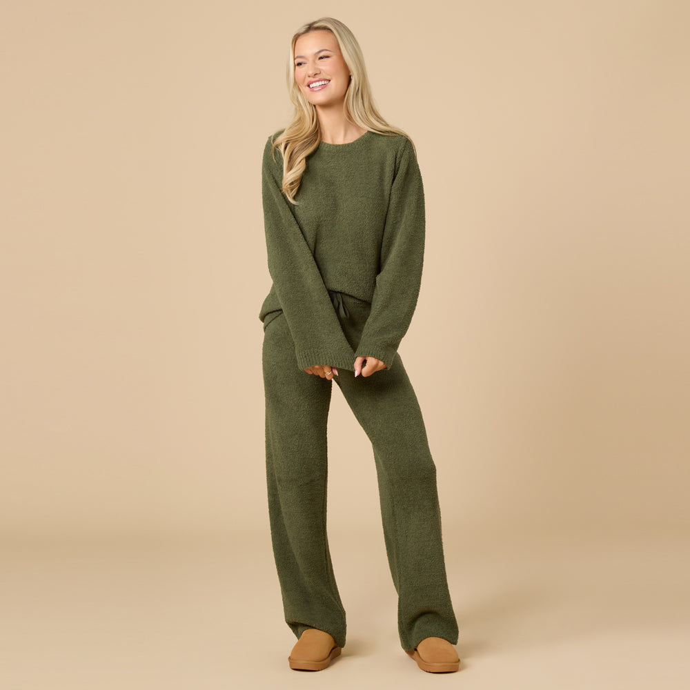 Solid Marshmallow Reverse Seam Crew Neck Lounge Set with Bracelet Sleeve Solid Marshmallow Reverse Seam Crew Neck Lounge Set with Bracelet Sleeve in Olive