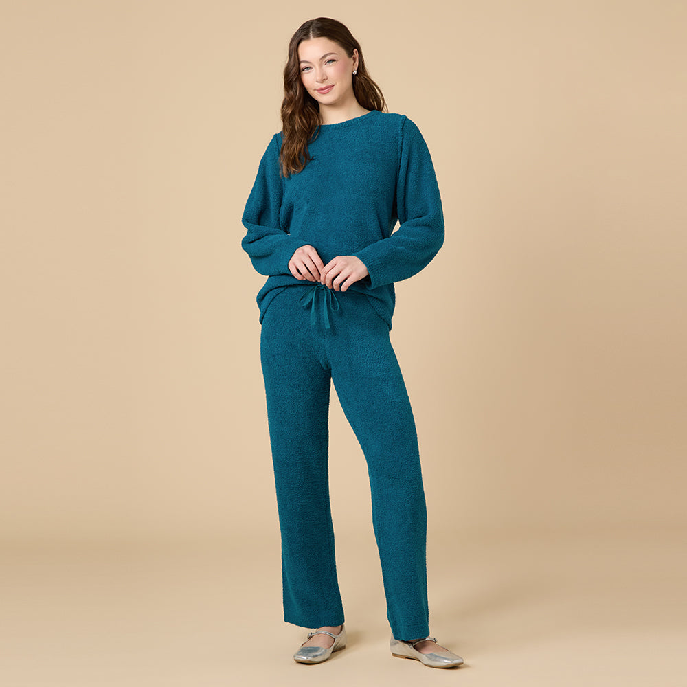Solid Marshmallow Reverse Seam Crew Neck Lounge Set with Bracelet Sleeve in Teal