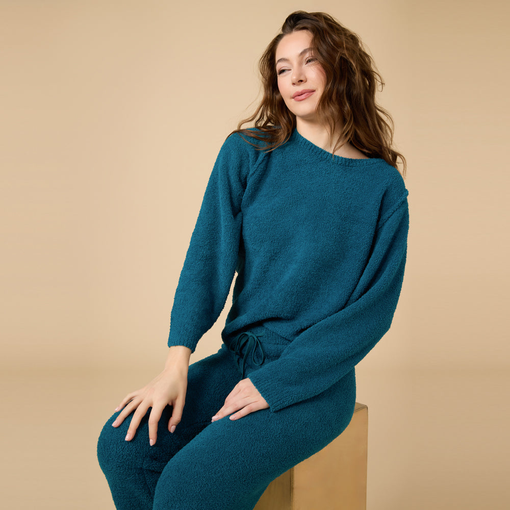 Solid Marshmallow Reverse Seam Crew Neck Lounge Set with Bracelet Sleeve in Teal