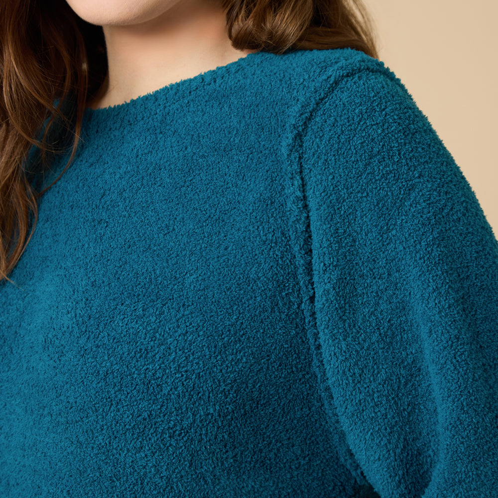Solid Marshmallow Reverse Seam Crew Neck Lounge Set with Bracelet Sleeve in Teal