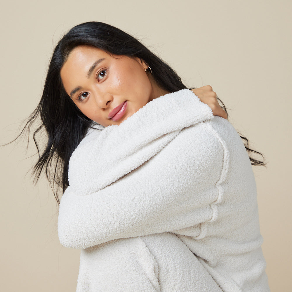 Solid Marshmallow Reverse Seam Crew Neck Lounge Set with Bracelet Sleeve Almond