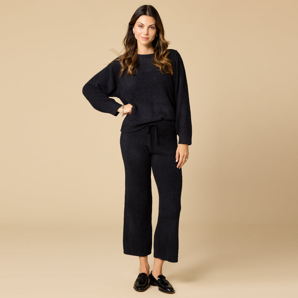 Solid Marshmallow Reverse Seam Crew Neck Lounge Set with Bracelet Sleeve Black