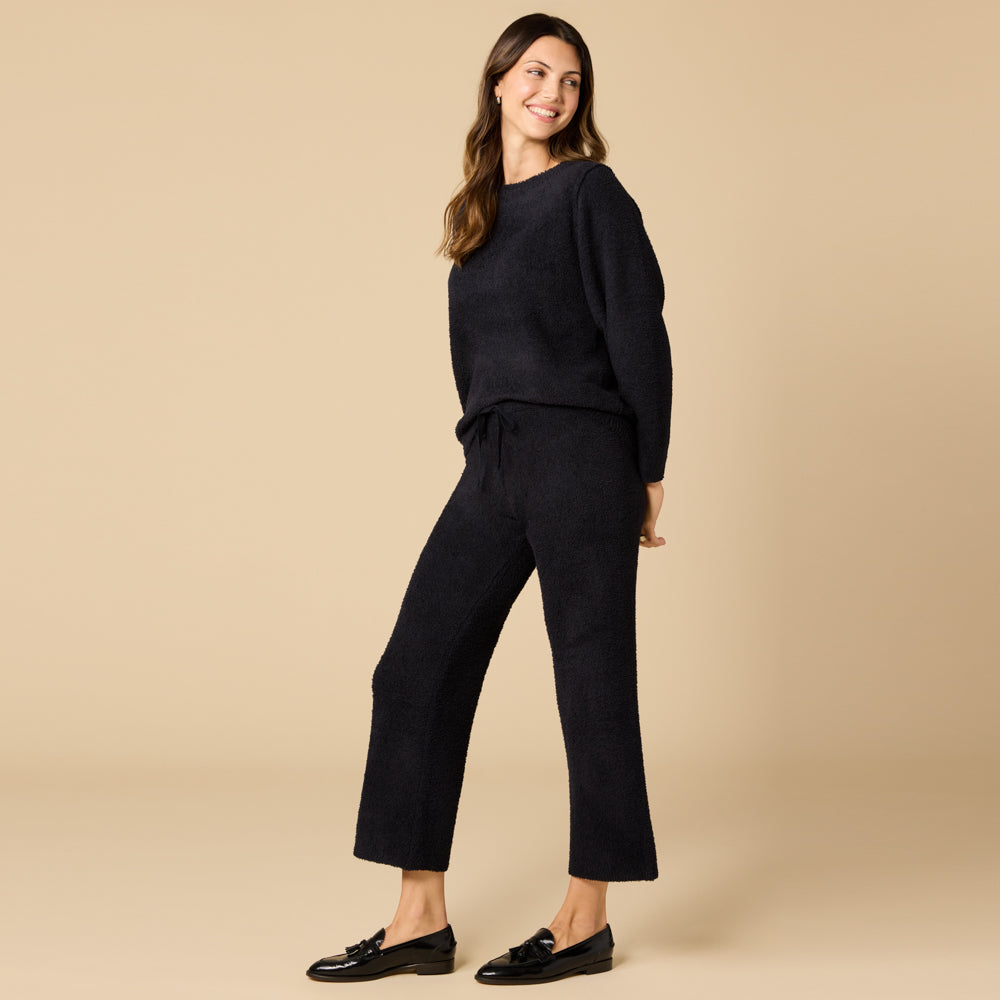 Solid Marshmallow Reverse Seam Crew Neck Lounge Set with Bracelet Sleeve Black