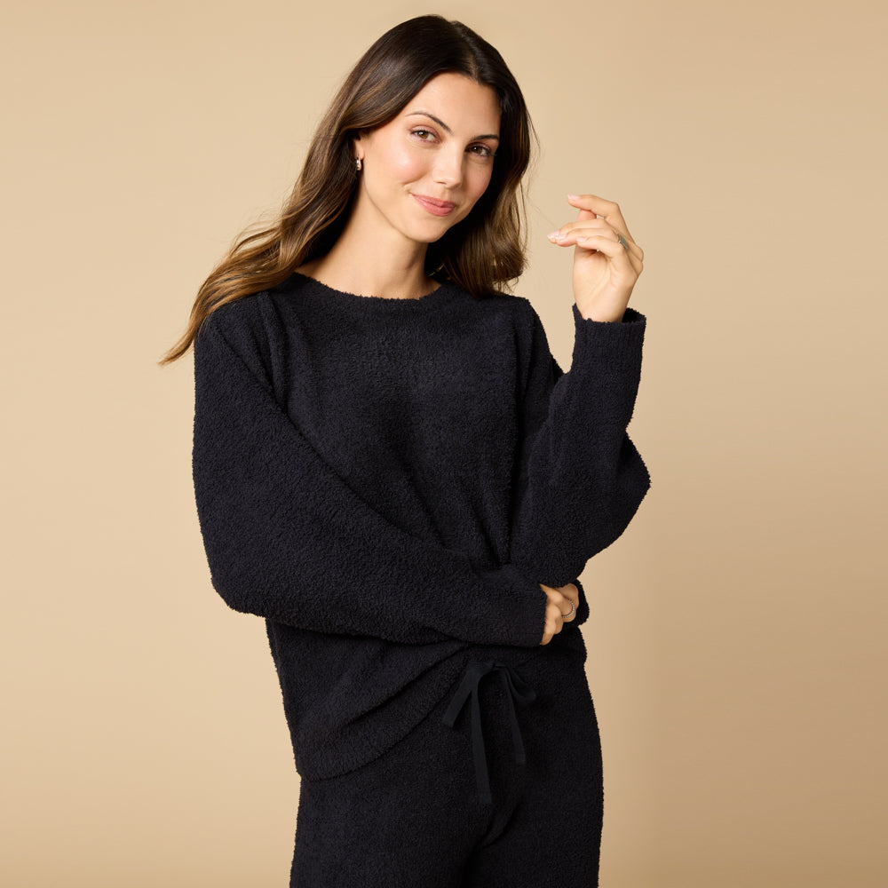 Solid Marshmallow Reverse Seam Crew Neck Lounge Set with Bracelet Sleeve Black