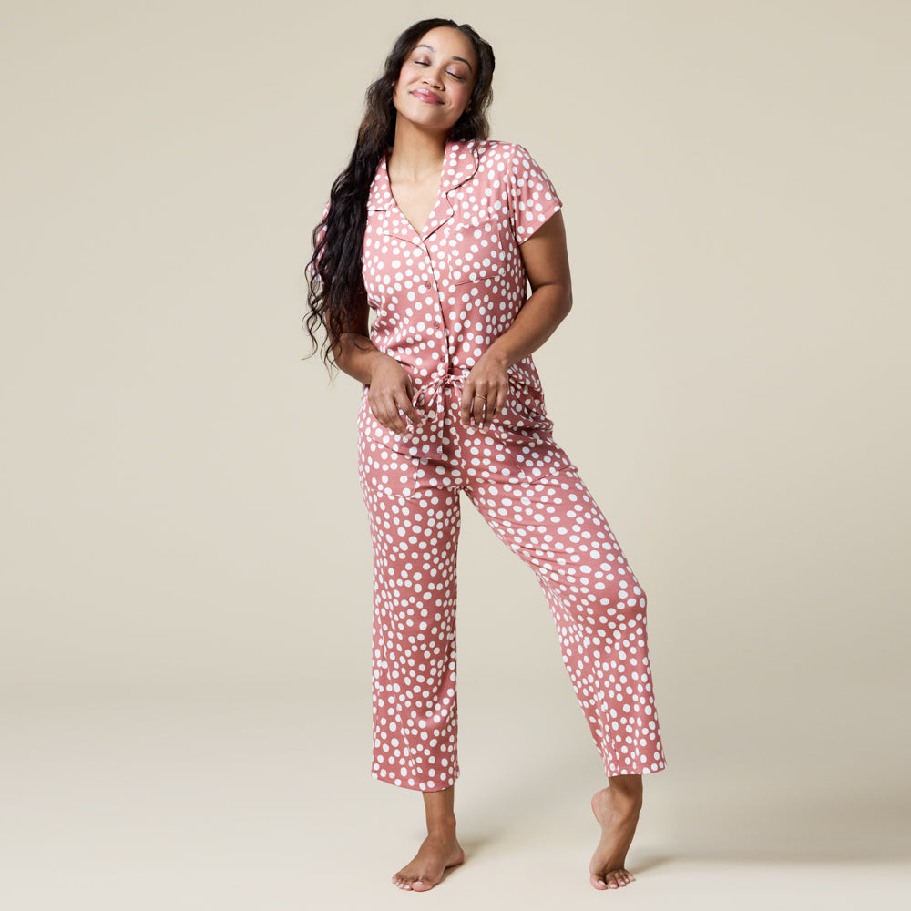 Aria Slim Notch Collar Capri PJ Set Aria Slim Notch Collar Capri PJ Set in Copper Rose Dot