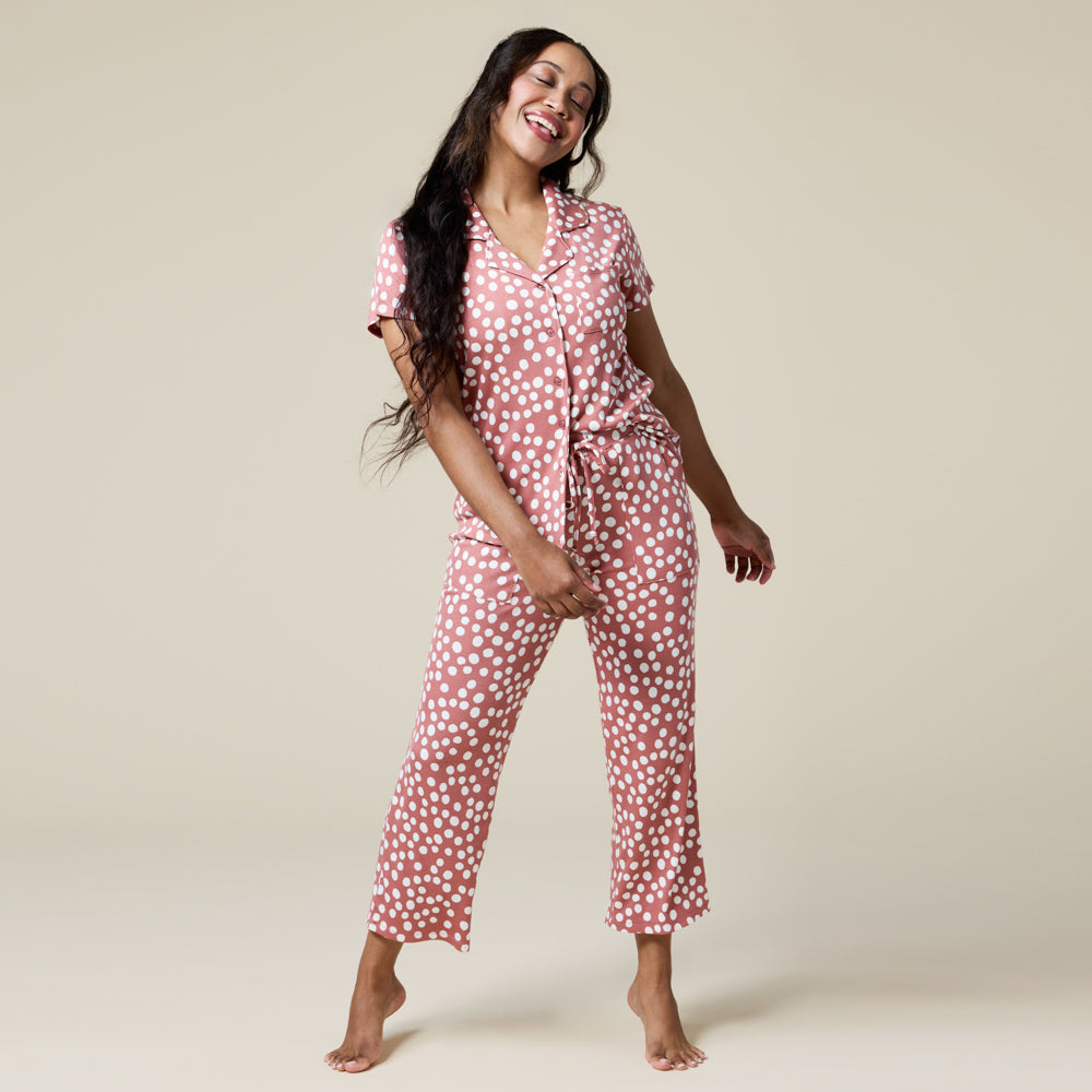 Aria Slim Notch Collar Capri PJ Set Aria Slim Notch Collar Capri PJ Set in Copper Rose Dot