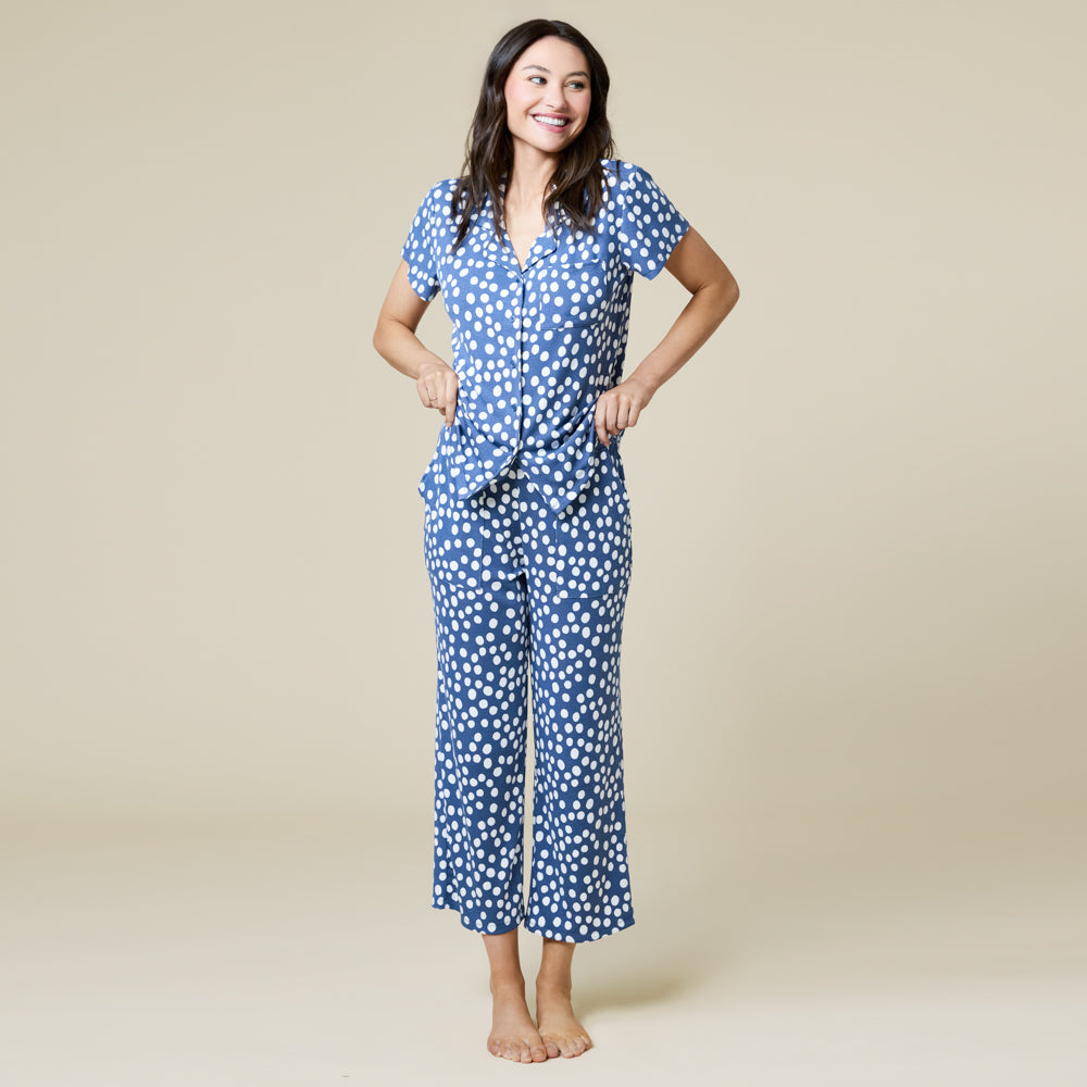 Aria Slim Notch Collar Capri PJ Set Aria Slim Notch Collar Capri PJ Set in Indigo Dot