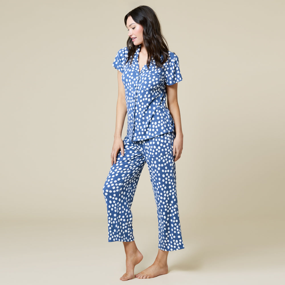 Aria Slim Notch Collar Capri PJ Set Aria Slim Notch Collar Capri PJ Set in Indigo Dot