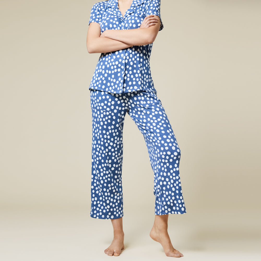Aria Slim Notch Collar Capri PJ Set Aria Slim Notch Collar Capri PJ Set in Indigo Dot