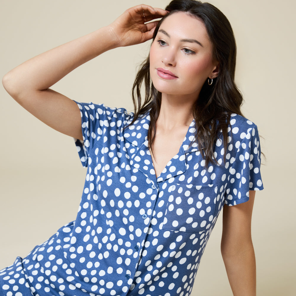 Aria Slim Notch Collar Capri PJ Set Aria Slim Notch Collar Capri PJ Set in Indigo Dot