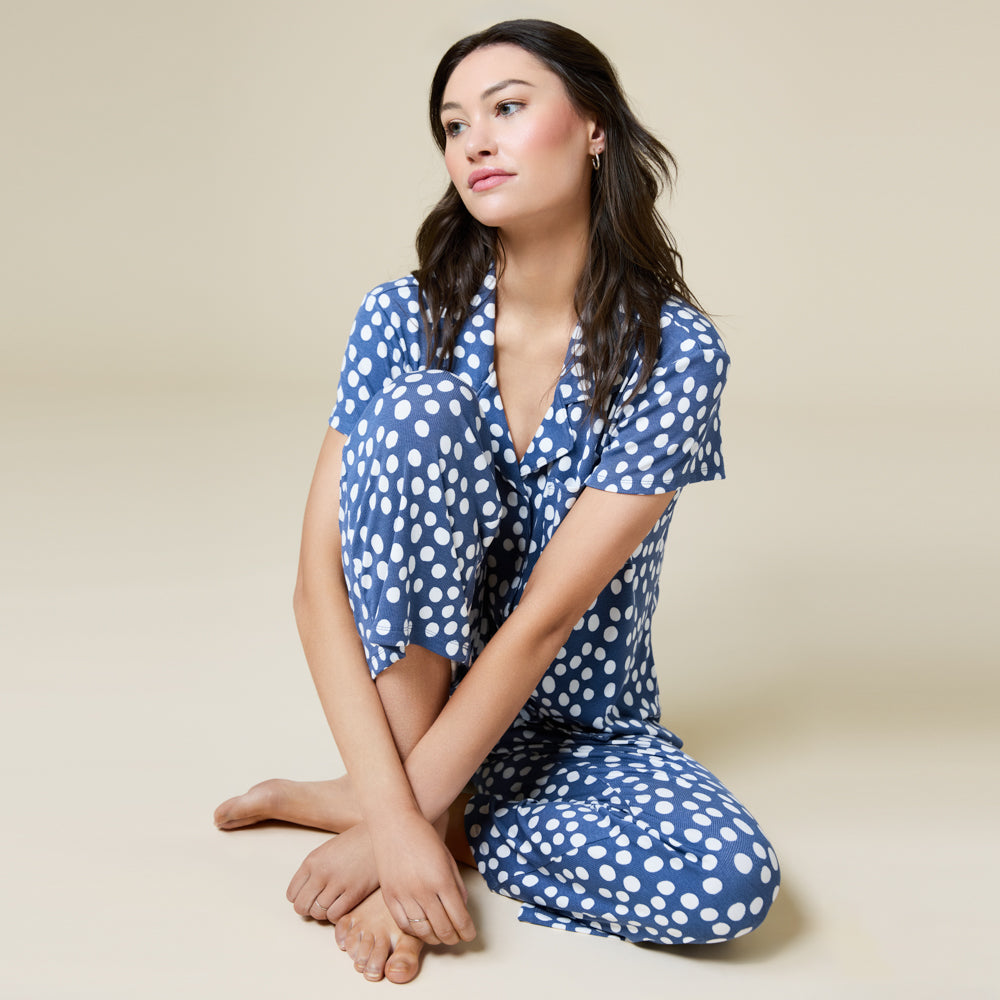 Aria Slim Notch Collar Capri PJ Set Aria Slim Notch Collar Capri PJ Set in Indigo Dot