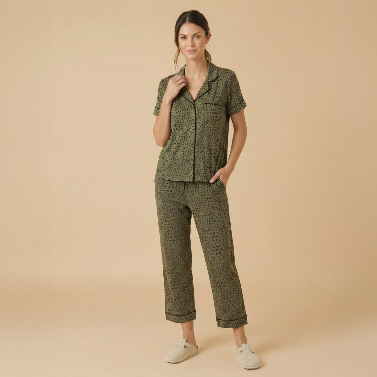 Wildly Soft Slim Notch Collar Capri PJ Set Aria Slim Notch Collar Capri PJ Set in Wild Olive