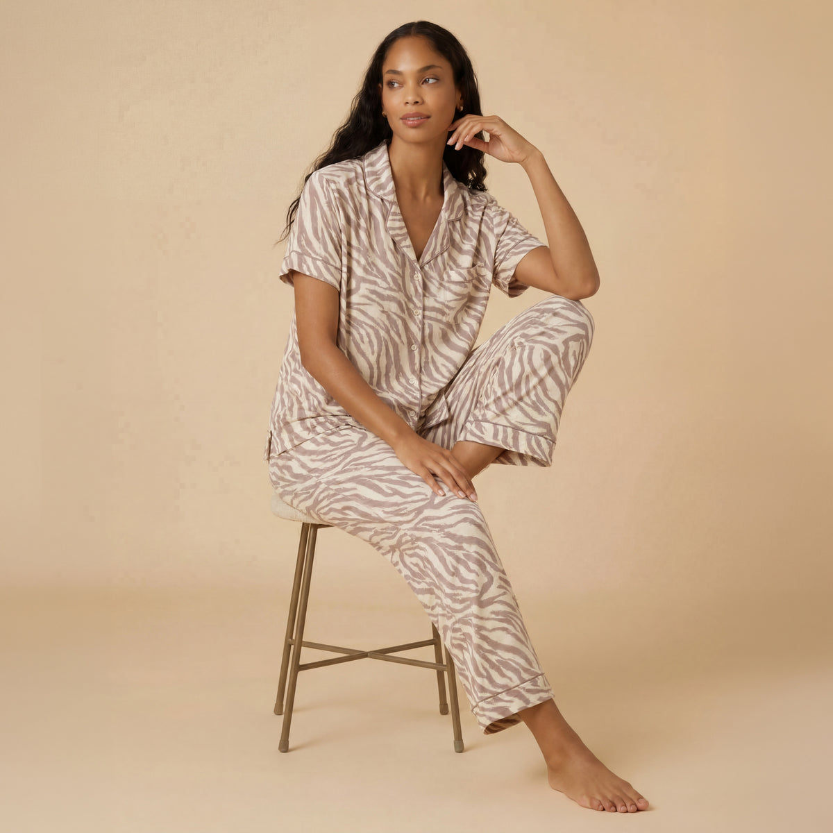 Wildly Soft Slim Notch Collar Capri PJ Set Aria Slim Notch Collar Capri PJ Set in Zebra Almond