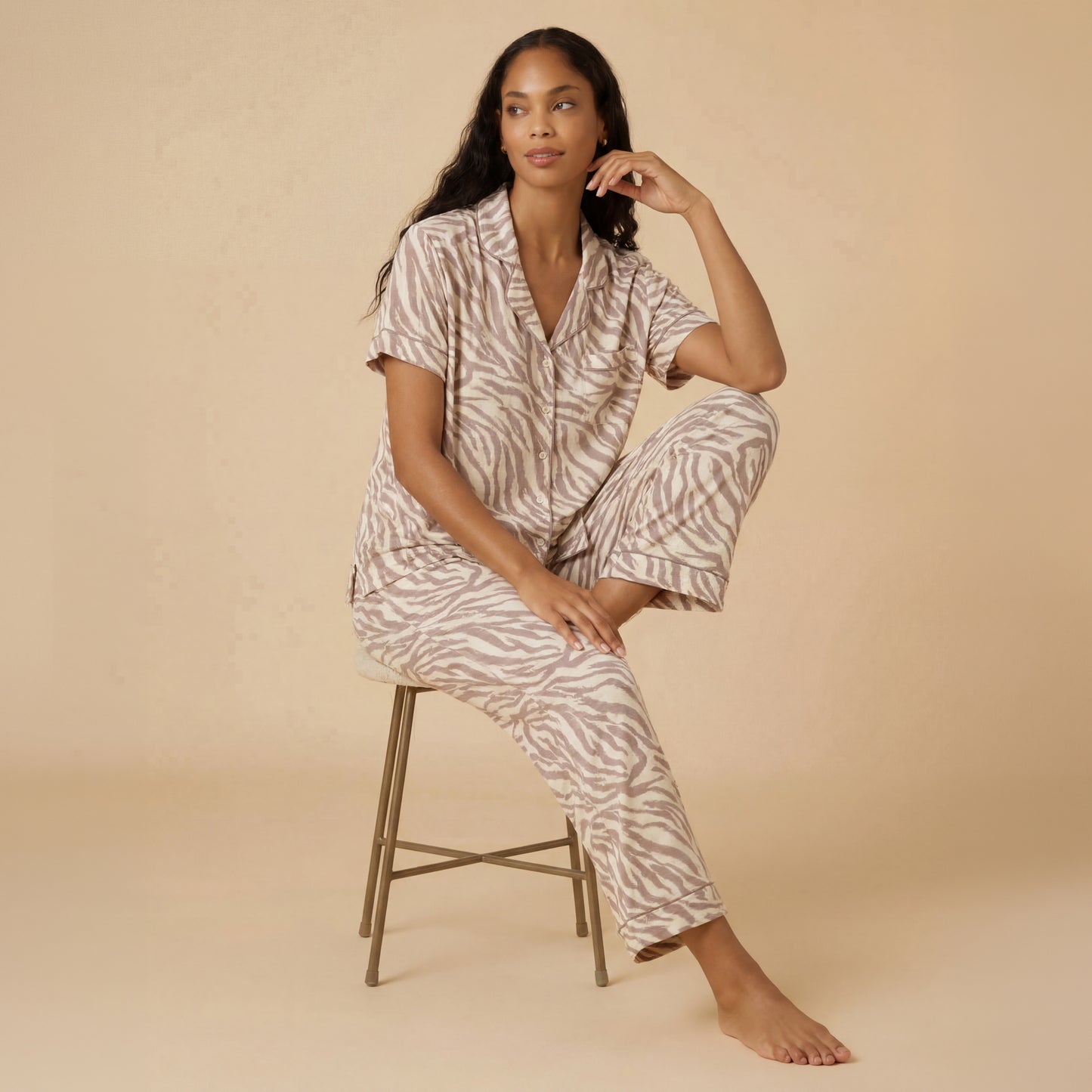 Aria Slim Notch Collar Capri PJ Set in Zebra Almond