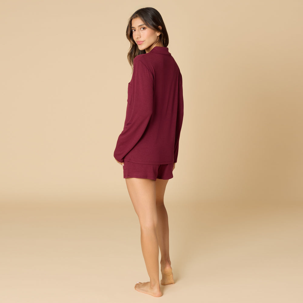 Aria - Slim Notch Collar Long Sleeve Short PJ Set Cherry Cola