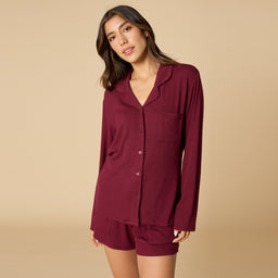Aria - Slim Notch Collar Long Sleeve Short PJ Set Aria - Slim Notch Collar Long Sleeve Short PJ Set in Cherry Cola