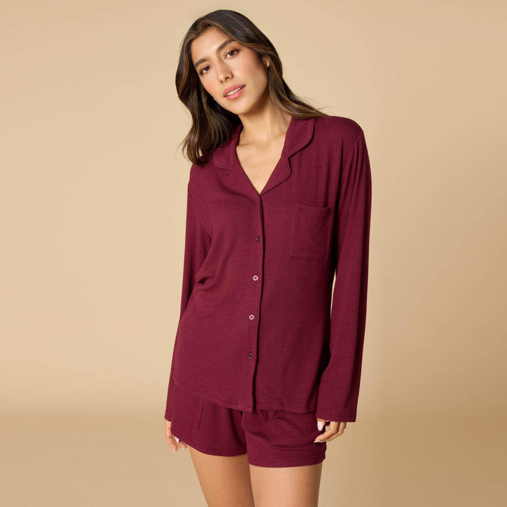 Aria - Slim Notch Collar Long Sleeve Short PJ Set Cherry Cola