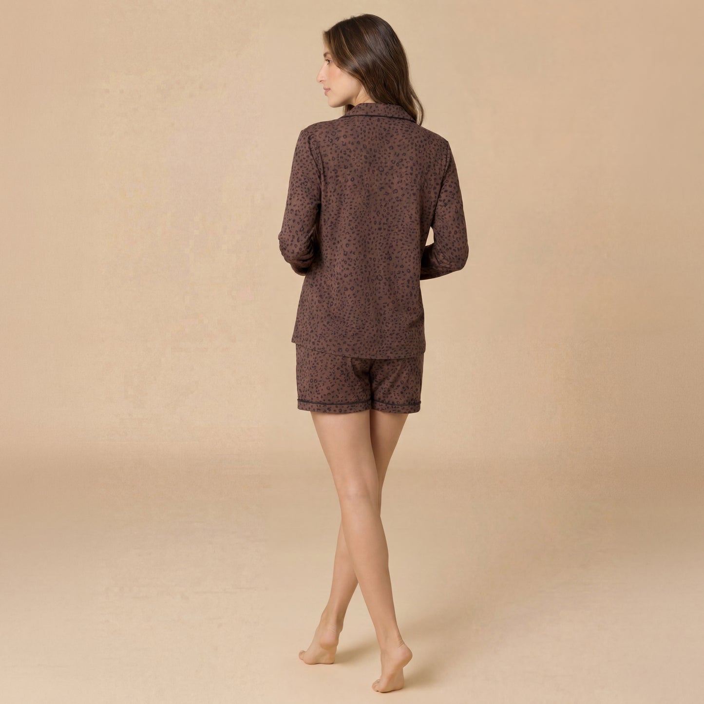 Aria - Slim Notch Collar Long Sleeve Short PJ Set in Wild Espresso
