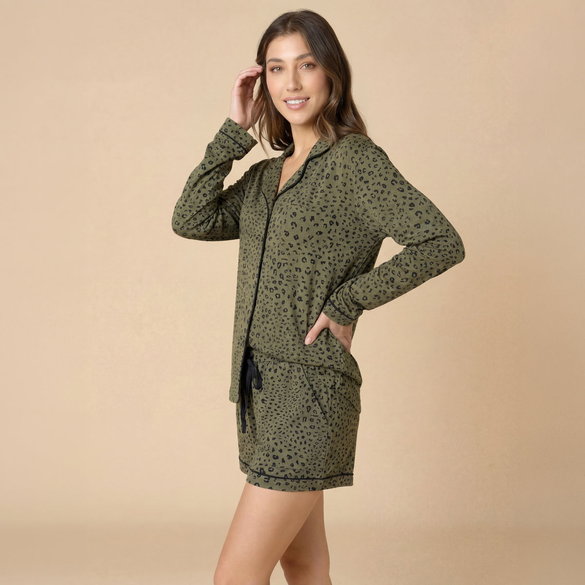 Aria - Slim Notch Collar Long Sleeve Short PJ Set Aria - Slim Notch Collar Long Sleeve Short PJ Set in Wild Olive