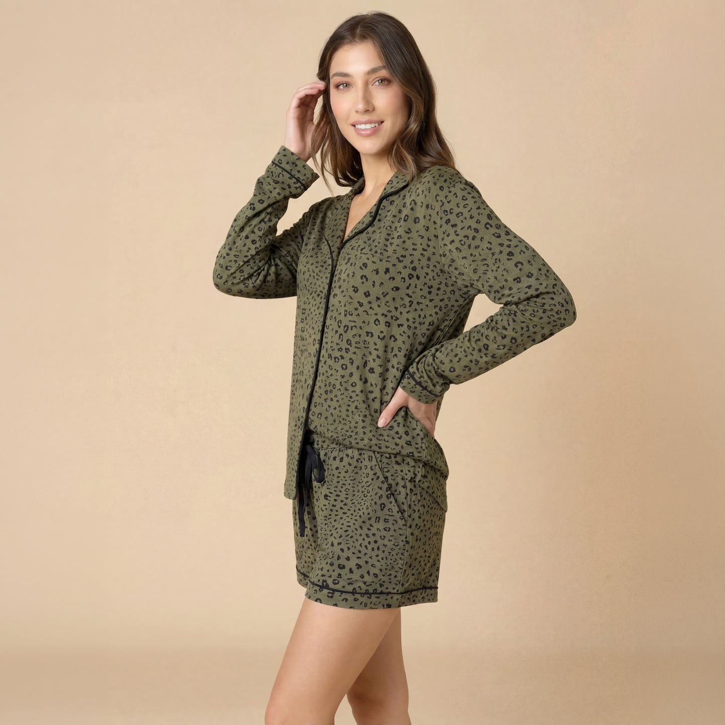 Aria - Slim Notch Collar Long Sleeve Short PJ Set in Wild Olive