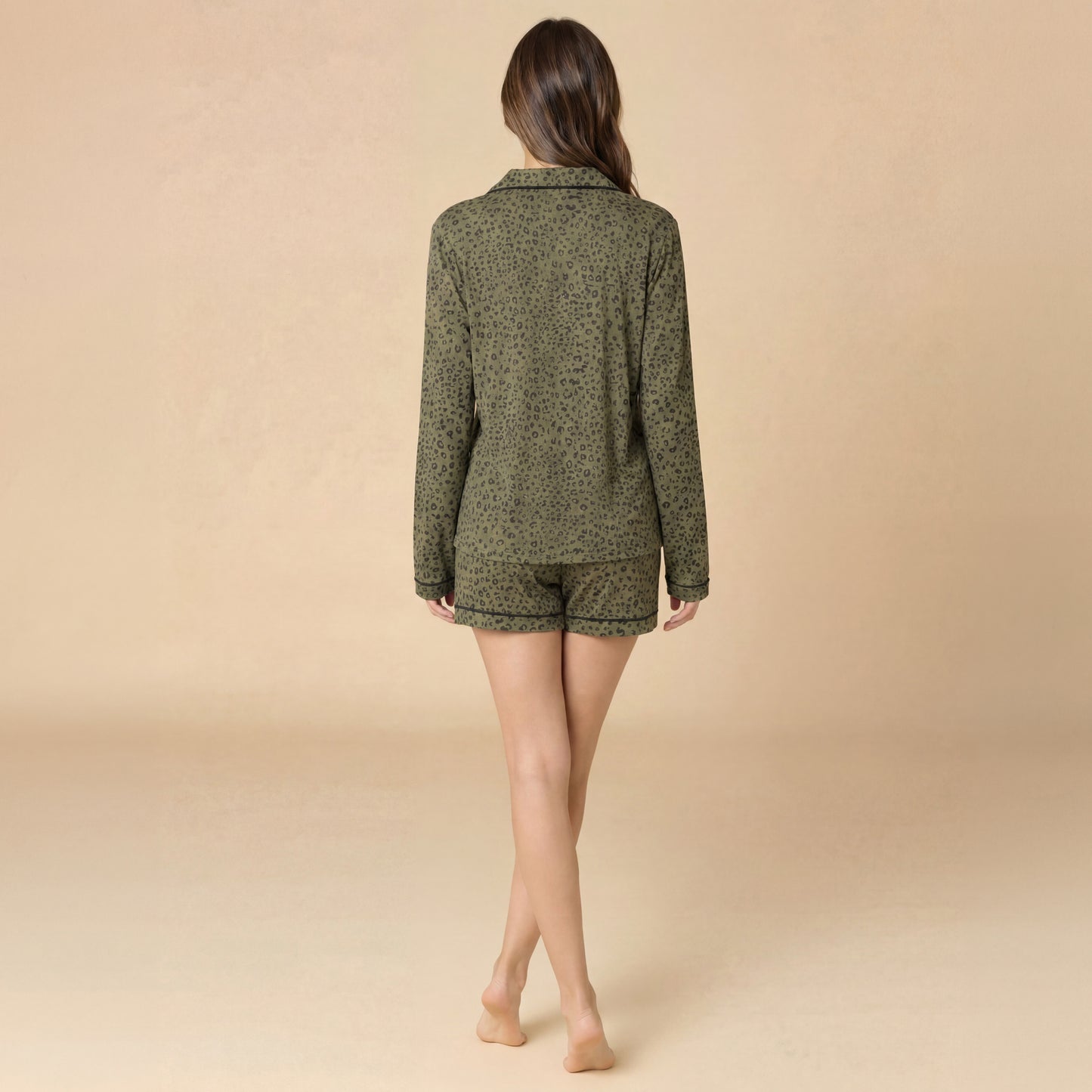 Aria - Slim Notch Collar Long Sleeve Short PJ Set in Wild Olive