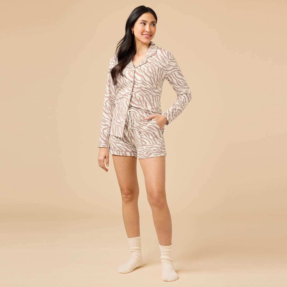 Aria - Slim Notch Collar Long Sleeve Short PJ Set Aria - Slim Notch Collar Long Sleeve Short PJ Set in Zebra Almond