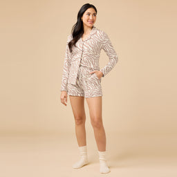 Aria - Slim Notch Collar Long Sleeve Short PJ Set Aria - Slim Notch Collar Long Sleeve Short PJ Set in Zebra Almond
