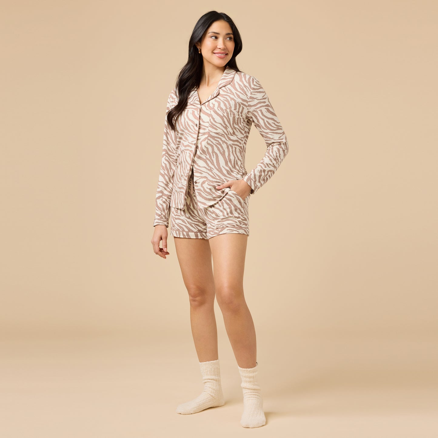 Aria - Slim Notch Collar Long Sleeve Short PJ Set in Zebra Almond