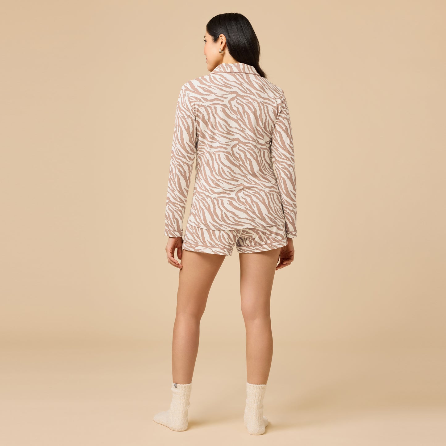 Aria - Slim Notch Collar Long Sleeve Short PJ Set in Zebra Almond