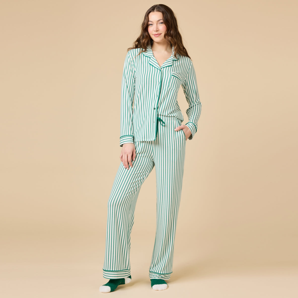 Holiday Stripe Soft Notch Collar PJ Set Holiday Stripe Soft Notch Collar PJ Set in Green Stripe