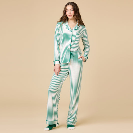Holiday Stripe Soft Notch Collar PJ Set in Green Stripe