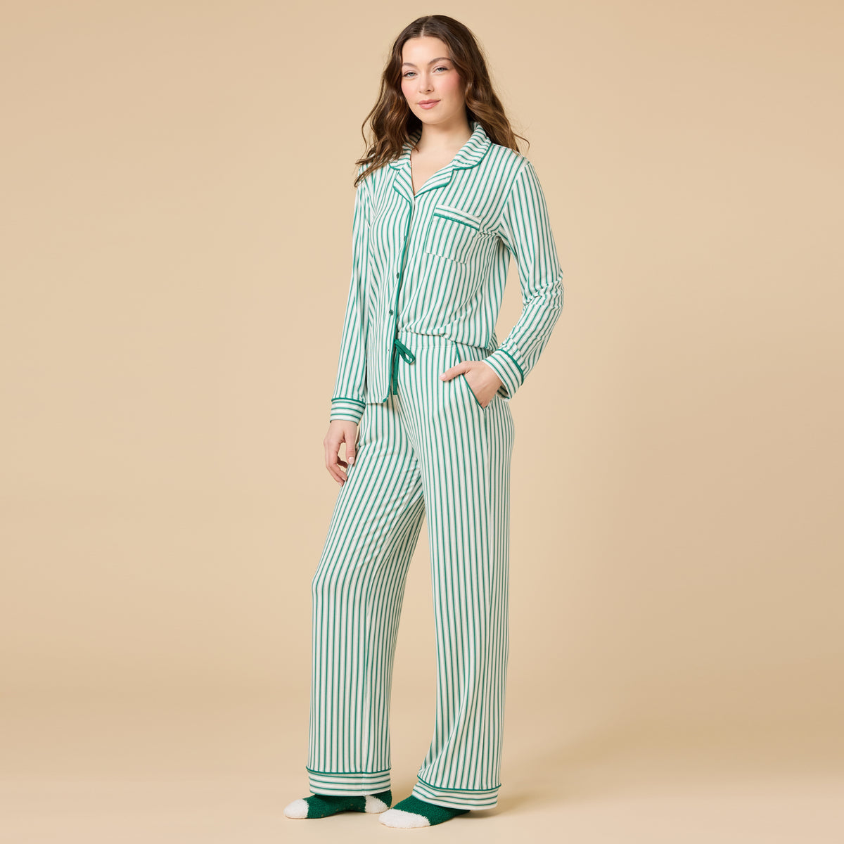 Holiday Stripe Soft Notch Collar PJ Set Holiday Stripe Soft Notch Collar PJ Set in Green Stripe