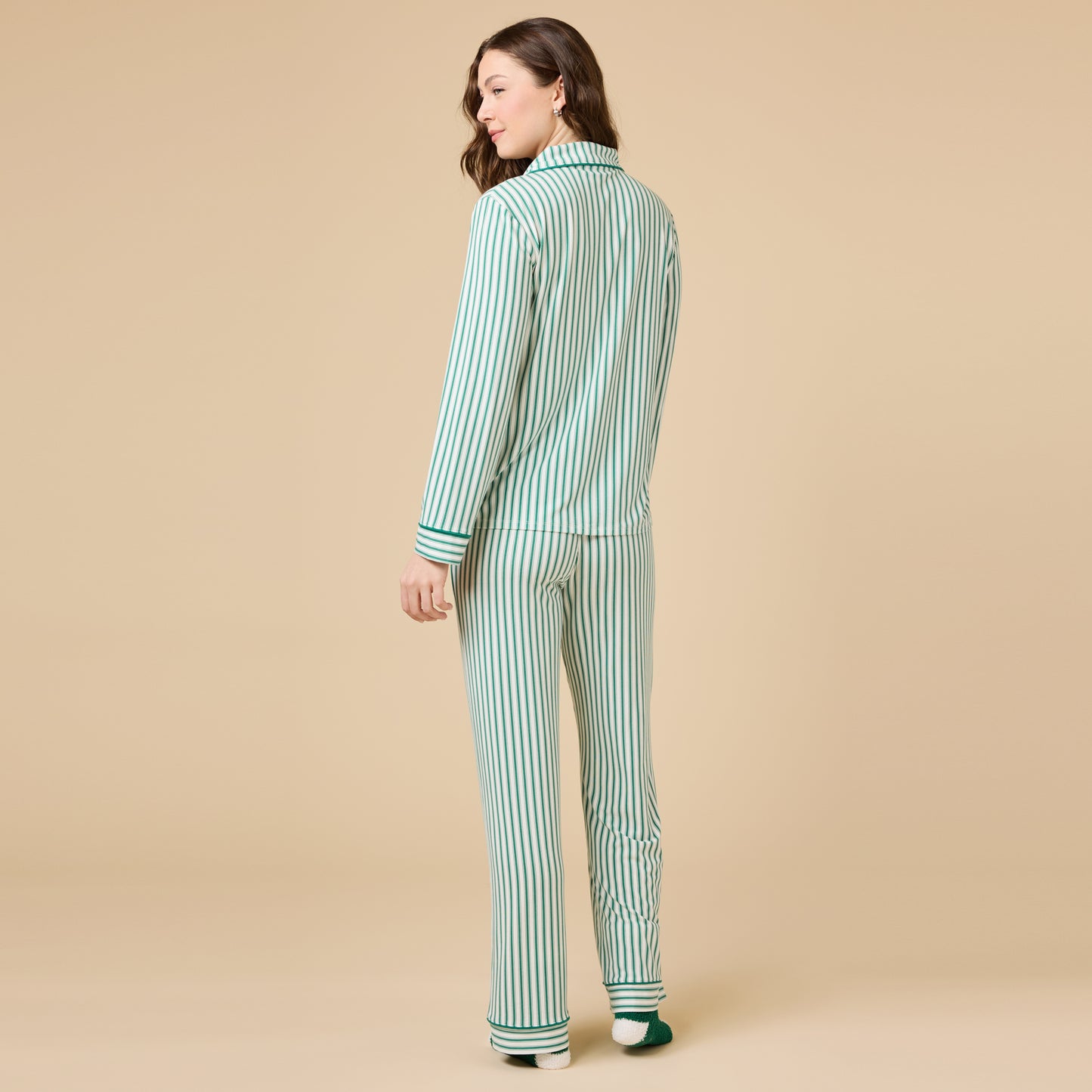 Holiday Stripe Soft Notch Collar PJ Set in Green Stripe