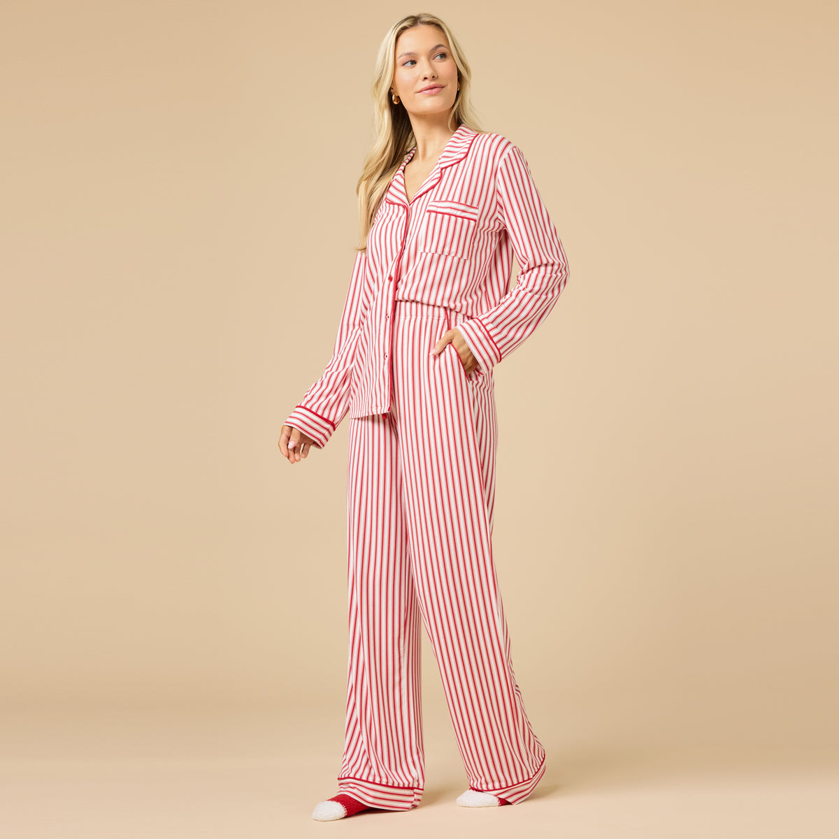 Holiday Stripe Soft Notch Collar PJ Set Holiday Stripe Soft Notch Collar PJ Set in Red Stripe