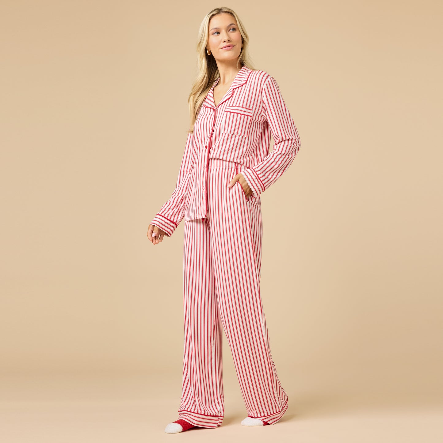 Holiday Stripe Soft Notch Collar PJ Set in Red Stripe